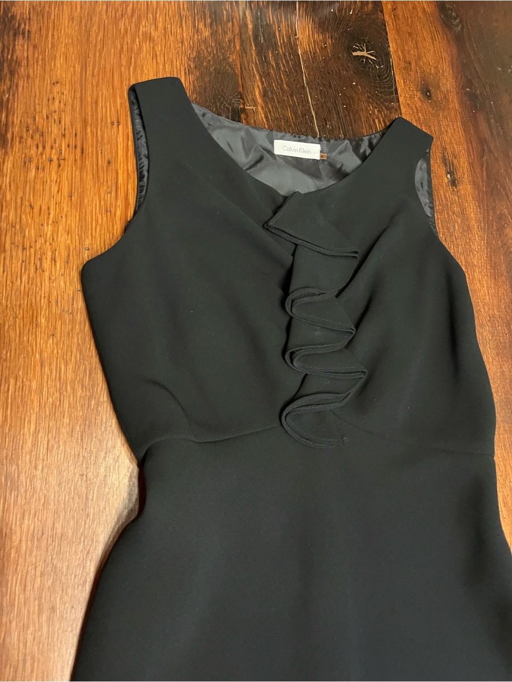 Size 4 Calvin Klein Black Knee Length Sleeveless Party Dress with Front Ruffle